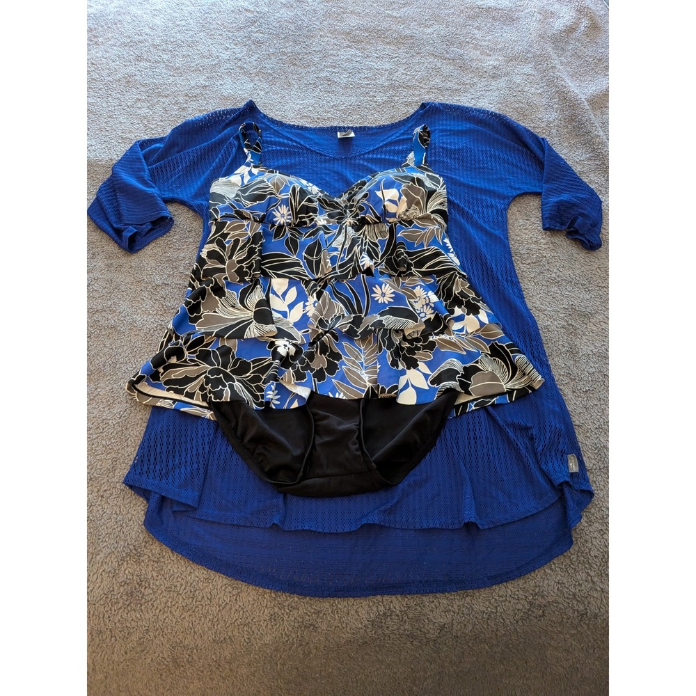 ONeill Womens Floral Tankini Swimsuit Set with Blue Mesh Cover Up XL Blue Black